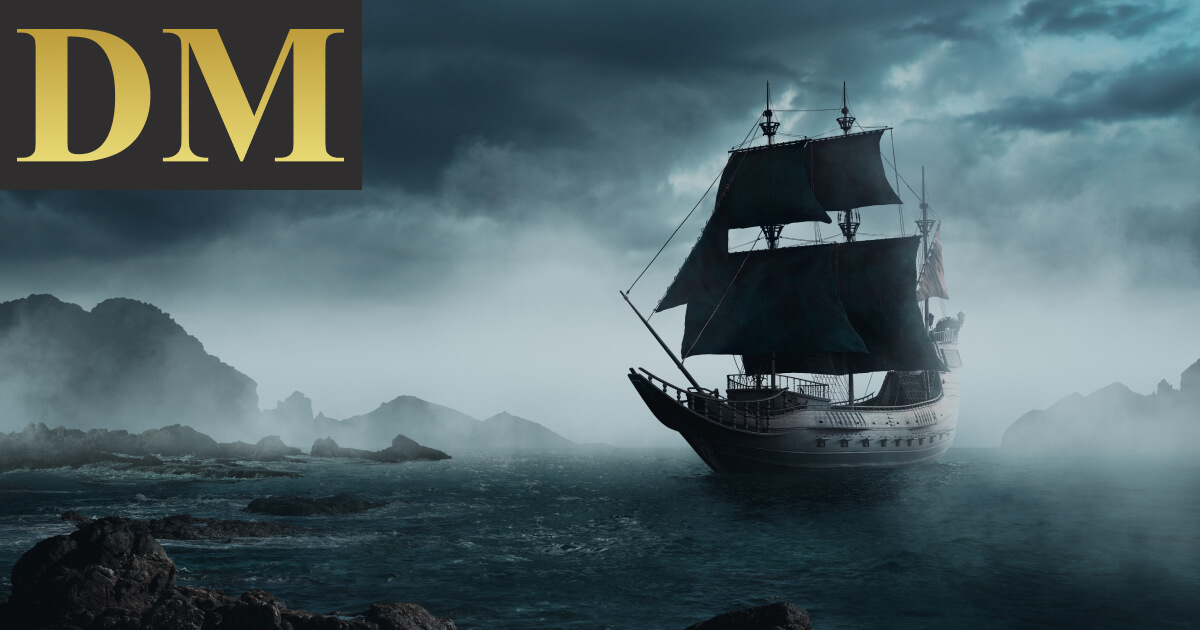 An Old Sailing Ship sails through a dark and stormy night, braving the turbulent waves and ominous clouds at Dion Mayne an Award-winning Historical Fiction Author